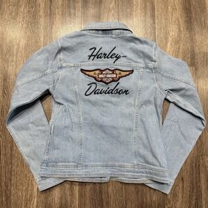 Harley Davidson Women's Size Small Silver Wing Stretch Denim Jacket